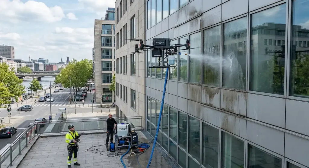 Un technicien certifié nettoie la façade d'un batiment publique avec un drone en Normandie